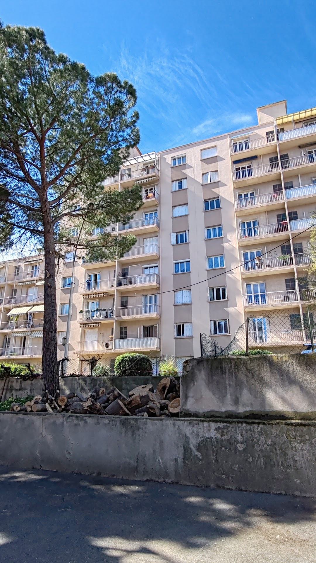 Pin devant un immeuble, bois débité rangé le long du muret